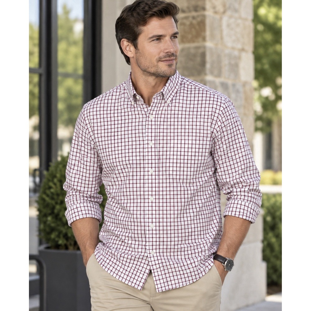 Peter Millar Long Sleeve Plaid Sports Shirt Men's L Nanoluxe Easy Care Button Up